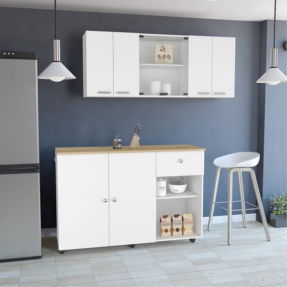 2 Piece Kitchen : Island Cart And 150 Wall Cabinet Glass. White/ Oak Look. Easy Assembly With Interlocking Mechanism. Pre-drilled Holes For Exact Fit. Detailed Instructions. Particle Board Material.