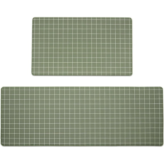 2 Piece Kitchen Mat, Anti-Fatigue Cushioned Kitchen Mats Set for Floor, Plaid Non Slip Comfort Standing Mat, Grid Checkered Kitchen Rug, 17"x30"+17"x47", Olive Green Windowpane