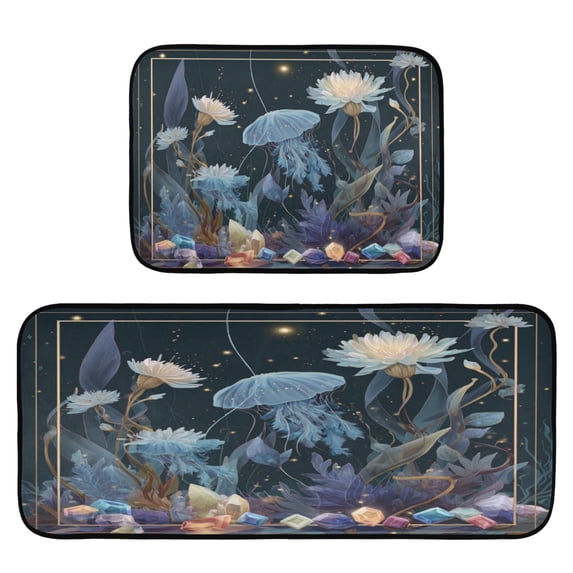 2-Piece Kitchen Mat Set Non Slip Washable Floor Mats Decorative Rugs for Kitchen Sink Laundry Bioluminescent Marine Plants