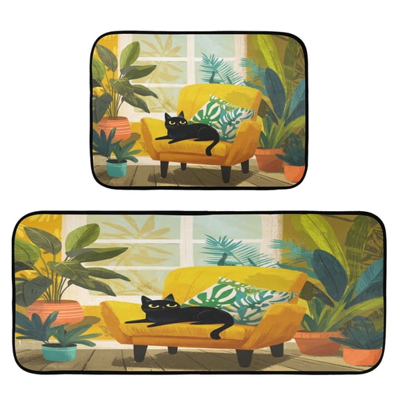 2-Piece Kitchen Mat Set Non Slip Washable Floor Mats Decorative Rugs for Kitchen Sink Laundry Black Cat Lounging