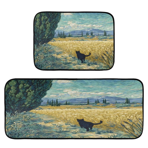 2-Piece Kitchen Mat Set Non Slip Washable Floor Mats Decorative Rugs for Kitchen Sink Laundry Black Cat Walking Fields