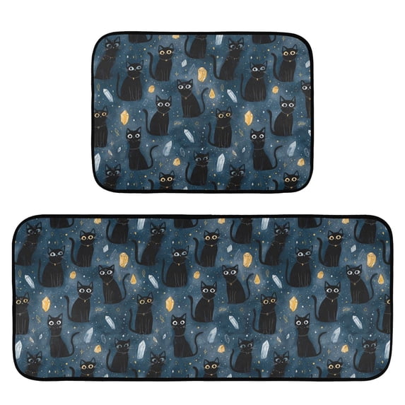 2-Piece Kitchen Mat Set Non Slip Washable Floor Mats Decorative Rugs for Kitchen Sink Laundry Black Cats and Mystical Symbols