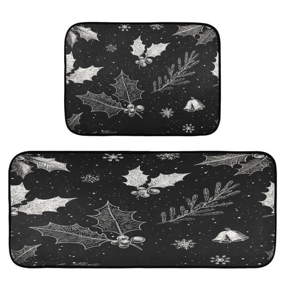 2-Piece Kitchen Mat Set Non Slip Washable Floor Mats Decorative Rugs for Kitchen Sink Laundry Black Holly Leaves