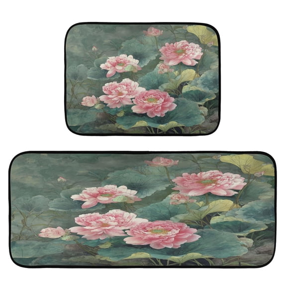 2-Piece Kitchen Mat Set Non Slip Washable Floor Mats Decorative Rugs for Kitchen Sink Laundry Blossoming Lotus