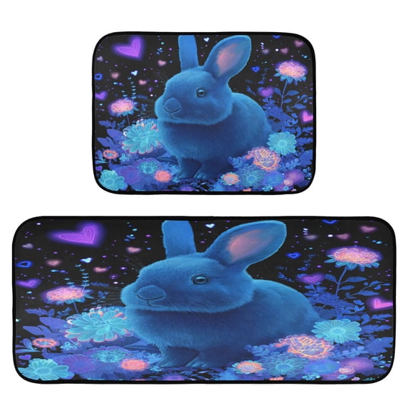2-Piece Kitchen Mat Set Non Slip Washable Floor Mats Decorative Rugs for Kitchen Sink Laundry Blue Bunny