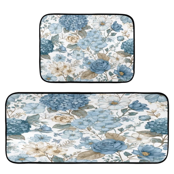 2-Piece Kitchen Mat Set Non Slip Washable Floor Mats Decorative Rugs for Kitchen Sink Laundry Blue Floral Seamless Pattern