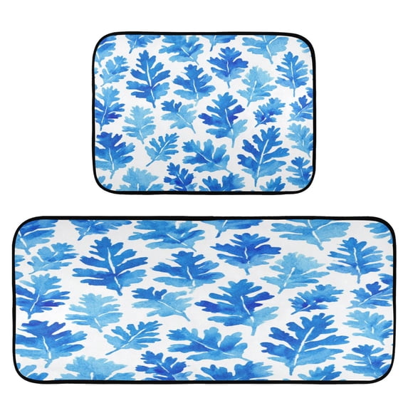 2-Piece Kitchen Mat Set Non Slip Washable Floor Mats Decorative Rugs for Kitchen Sink Laundry Blue Oak Leaf Pattern