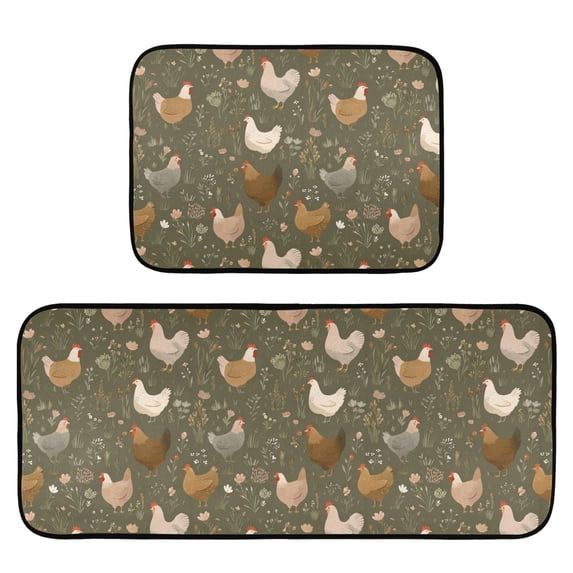 2-Piece Kitchen Mat Set Non Slip Washable Floor Mats Decorative Rugs for Kitchen Sink Laundry Chickens with Wildflowers and Grasses