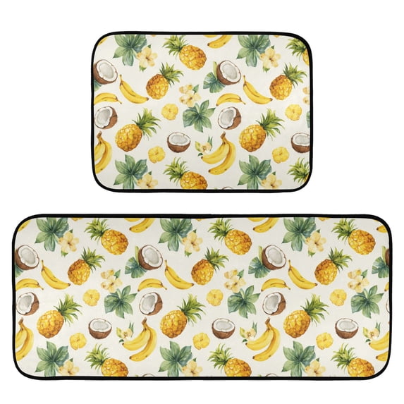 2-Piece Kitchen Mat Set Non Slip Washable Floor Mats Decorative Rugs for Kitchen Sink Laundry Coconuts and Pineapples Pattern