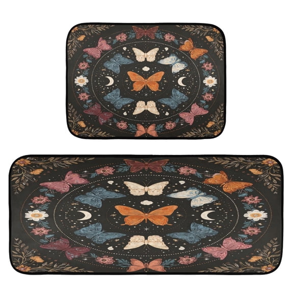 2-Piece Kitchen Mat Set Non Slip Washable Floor Mats Decorative Rugs for Kitchen Sink Laundry Colorful Butterflies with Flowers