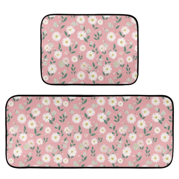 2-Piece Kitchen Mat Set Non Slip Washable Floor Mats Decorative Rugs for Kitchen Sink Laundry Cute White Daisies Pattern