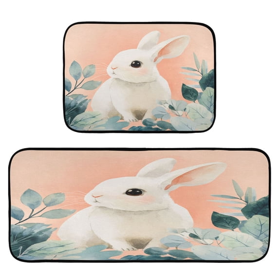 2-Piece Kitchen Mat Set Non Slip Washable Floor Mats Decorative Rugs for Kitchen Sink Laundry Cute White Rabbit