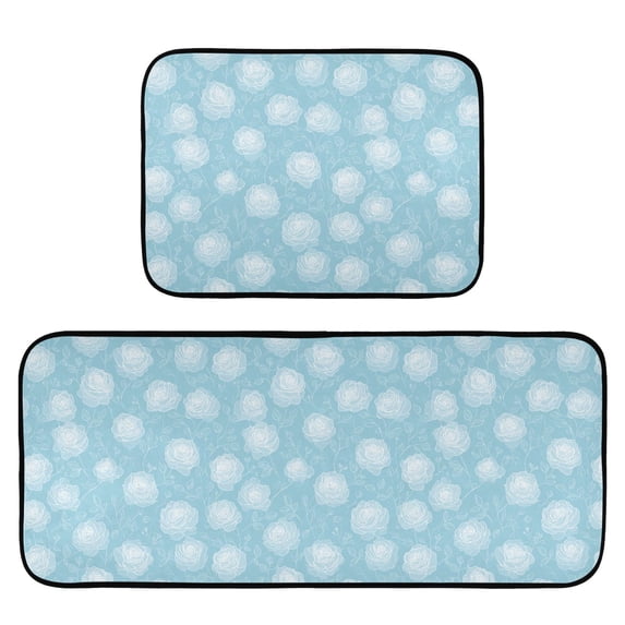 2-Piece Kitchen Mat Set Non Slip Washable Floor Mats Decorative Rugs for Kitchen Sink Laundry Elegant White Roses