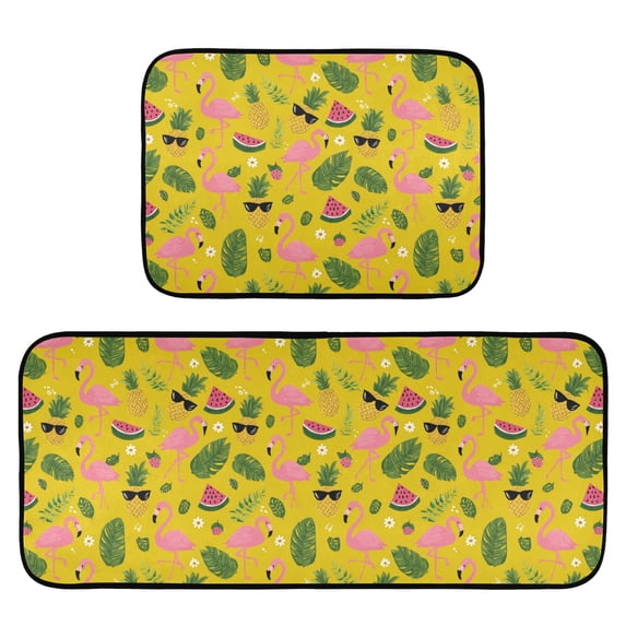 2-Piece Kitchen Mat Set Non Slip Washable Floor Mats Decorative Rugs for Kitchen Sink Laundry Flamingos Watermelon and Pineapples