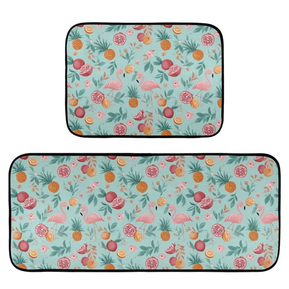 2-Piece Kitchen Mat Set Non Slip Washable Floor Mats Decorative Rugs for Kitchen Sink Laundry Flamingos and Pomegranates Pattern
