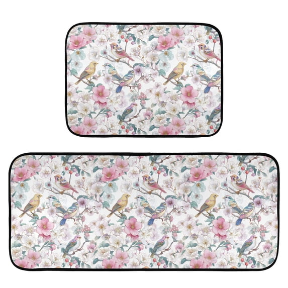 2-Piece Kitchen Mat Set Non Slip Washable Floor Mats Decorative Rugs for Kitchen Sink Laundry Flowers and Birds Pattern