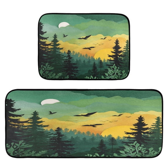 2-Piece Kitchen Mat Set Non Slip Washable Floor Mats Decorative Rugs for Kitchen Sink Laundry Green and Yellow Sunset