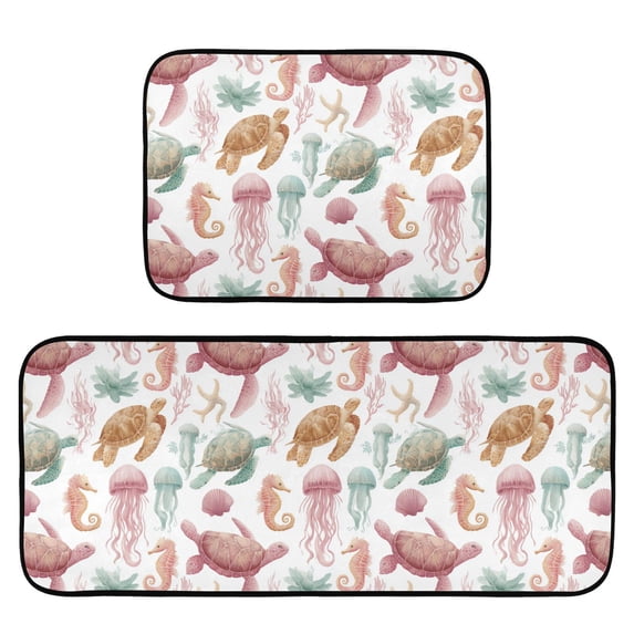 2-Piece Kitchen Mat Set Non Slip Washable Floor Mats Decorative Rugs for Kitchen Sink Laundry Happy Turtles and Jellyfish Pattern