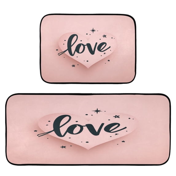 2-Piece Kitchen Mat Set Non Slip Washable Floor Mats Decorative Rugs for Kitchen Sink Laundry Heart-shaped with Word Love