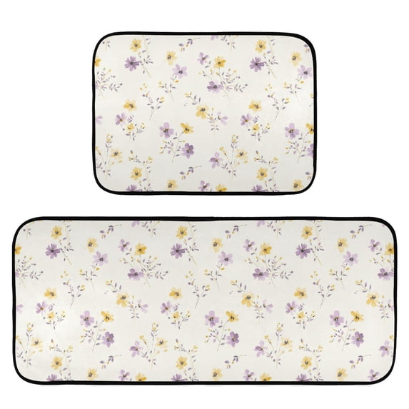 2-Piece Kitchen Mat Set Non Slip Washable Floor Mats Decorative Rugs for Kitchen Sink Laundry Lavender and Yellow Flowers