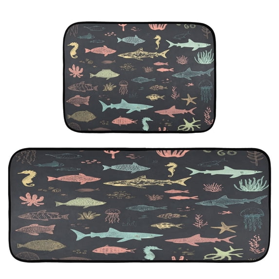 2-Piece Kitchen Mat Set Non Slip Washable Floor Mats Decorative Rugs for Kitchen Sink Laundry Marine Life Pattern