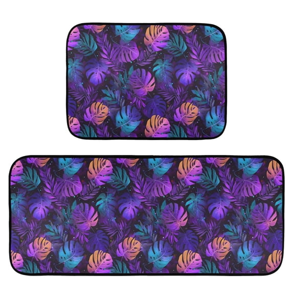 2-Piece Kitchen Mat Set Non Slip Washable Floor Mats Decorative Rugs for Kitchen Sink Laundry Neon Palm Leaves Pattern