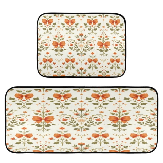2-Piece Kitchen Mat Set Non Slip Washable Floor Mats Decorative Rugs for Kitchen Sink Laundry Orange Bow and Intertwined Green Leaves