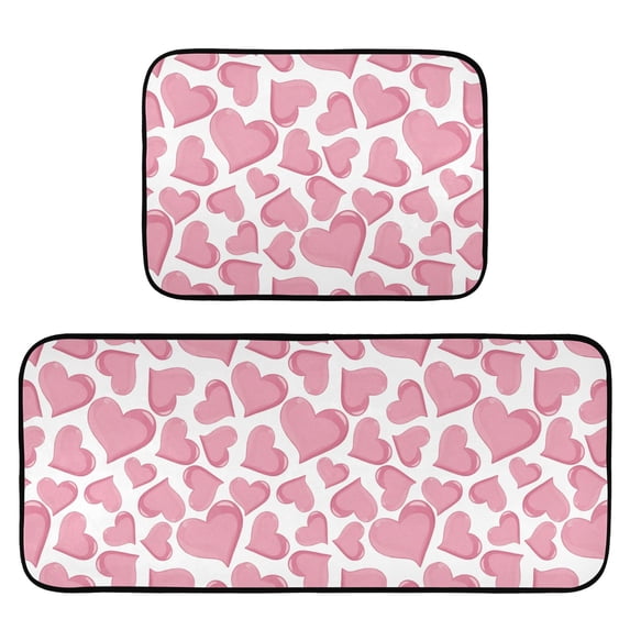 2-Piece Kitchen Mat Set Non Slip Washable Floor Mats Decorative Rugs for Kitchen Sink Laundry Pink Hearts Pattern