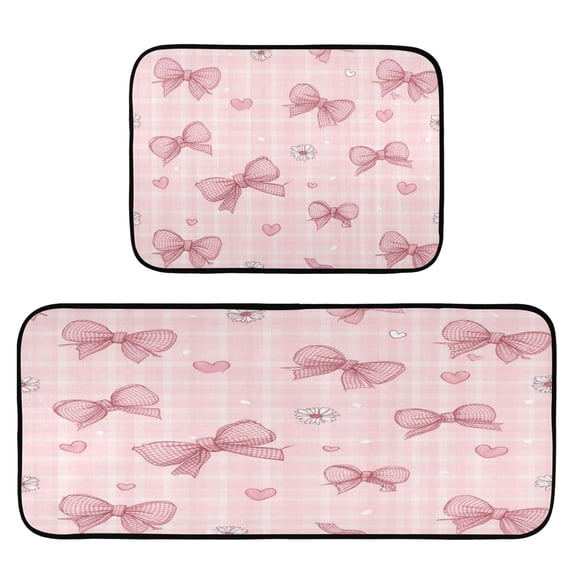 2-Piece Kitchen Mat Set Non Slip Washable Floor Mats Decorative Rugs for Kitchen Sink Laundry Pink Plaid Bow