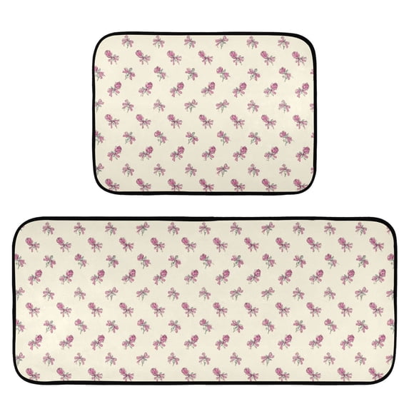 2-Piece Kitchen Mat Set Non Slip Washable Floor Mats Decorative Rugs for Kitchen Sink Laundry Pink Roses and Bows Pattern