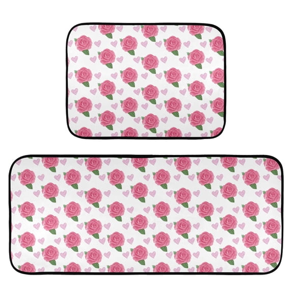 2-Piece Kitchen Mat Set Non Slip Washable Floor Mats Decorative Rugs for Kitchen Sink Laundry Pink Roses and Red Hearts