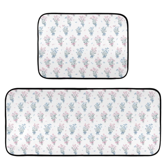 2-Piece Kitchen Mat Set Non Slip Washable Floor Mats Decorative Rugs for Kitchen Sink Laundry Pink and Blue Wildflower Bouquet