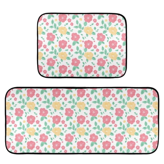 2-Piece Kitchen Mat Set Non Slip Washable Floor Mats Decorative Rugs for Kitchen Sink Laundry Pink and Yellow Roses