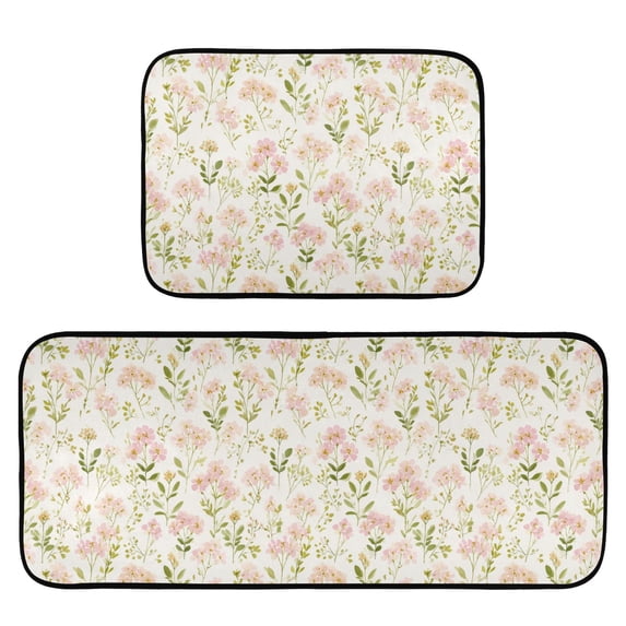 2-Piece Kitchen Mat Set Non Slip Washable Floor Mats Decorative Rugs for Kitchen Sink Laundry Pinks and Greens Wildflowers