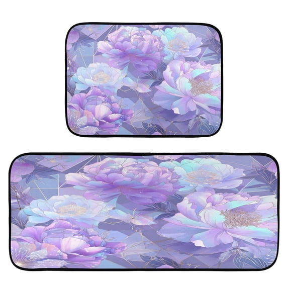 2-Piece Kitchen Mat Set Non Slip Washable Floor Mats Decorative Rugs for Kitchen Sink Laundry Purple Peony Flower