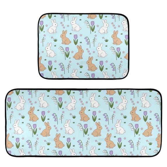 2-Piece Kitchen Mat Set Non Slip Washable Floor Mats Decorative Rugs for Kitchen Sink Laundry Rabbits and Tulips Pattern
