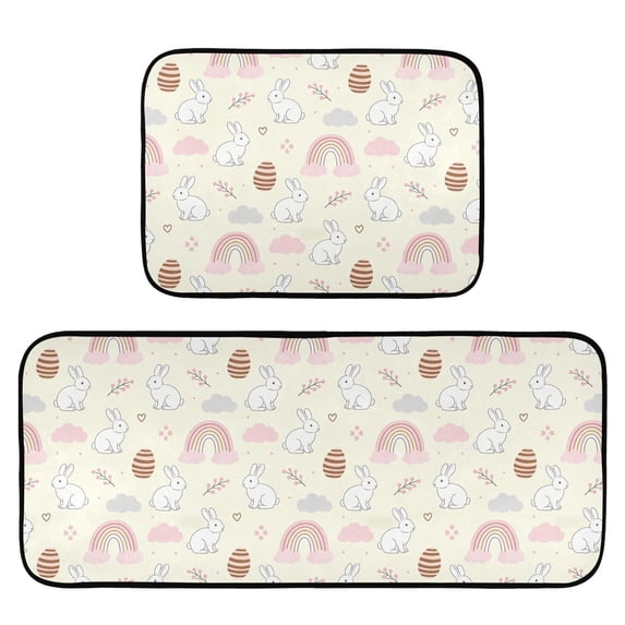 2-Piece Kitchen Mat Set Non Slip Washable Floor Mats Decorative Rugs for Kitchen Sink Laundry Rainbow and Rabbit Pattern