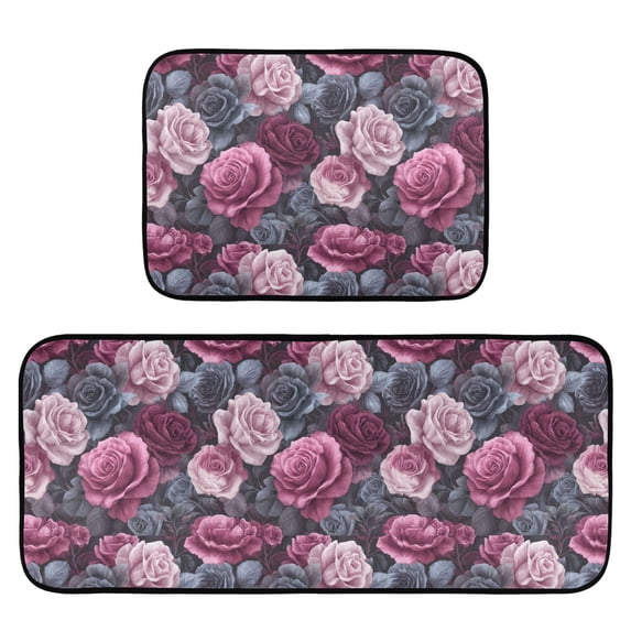 2-Piece Kitchen Mat Set Non Slip Washable Floor Mats Decorative Rugs for Kitchen Sink Laundry Roses in Pink and Gray Tones