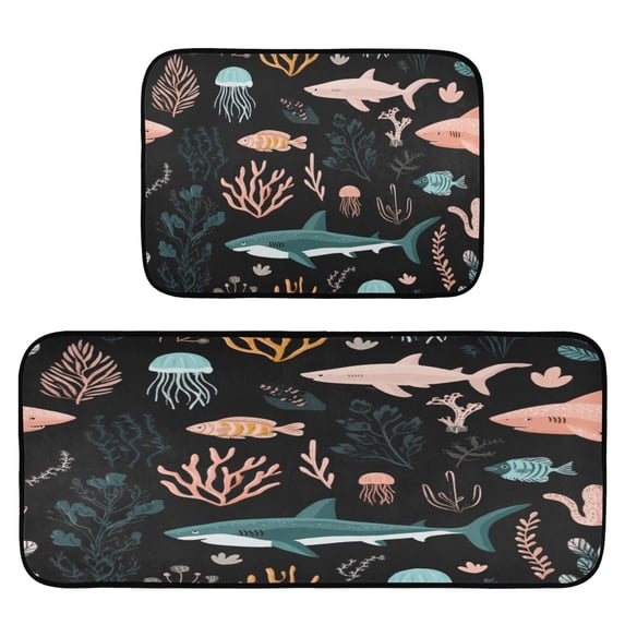 2-Piece Kitchen Mat Set Non Slip Washable Floor Mats Decorative Rugs for Kitchen Sink Laundry Sharks and Seagrass Pattern