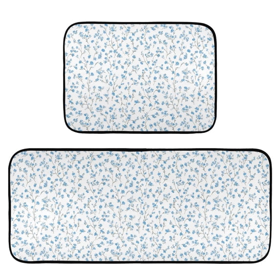 2-Piece Kitchen Mat Set Non Slip Washable Floor Mats Decorative Rugs for Kitchen Sink Laundry Small Blue Floral Pattern