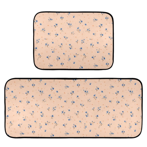2-Piece Kitchen Mat Set Non Slip Washable Floor Mats Decorative Rugs for Kitchen Sink Laundry Small Blue and Orange Flowers