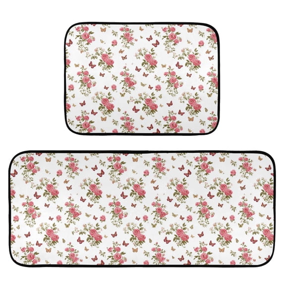 2-Piece Kitchen Mat Set Non Slip Washable Floor Mats Decorative Rugs for Kitchen Sink Laundry Small Butterfly and Rose Pattern