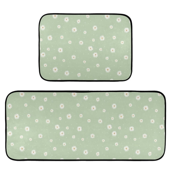 2-Piece Kitchen Mat Set Non Slip Washable Floor Mats Decorative Rugs for Kitchen Sink Laundry Small White Daisy Pattern