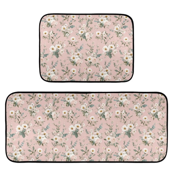 2-Piece Kitchen Mat Set Non Slip Washable Floor Mats Decorative Rugs for Kitchen Sink Laundry Small White and Pink Flowers
