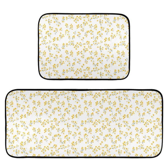 2-Piece Kitchen Mat Set Non Slip Washable Floor Mats Decorative Rugs for Kitchen Sink Laundry Small Yellow Floral Pattern