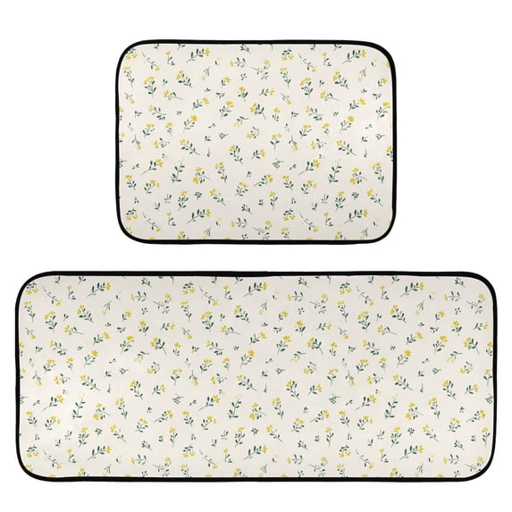 2-Piece Kitchen Mat Set Non Slip Washable Floor Mats Decorative Rugs for Kitchen Sink Laundry Small Yellow Flowers Pattern