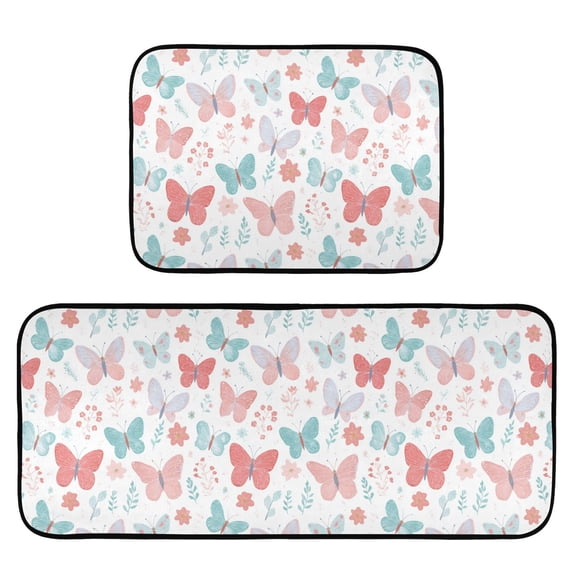 2-Piece Kitchen Mat Set Non Slip Washable Floor Mats Decorative Rugs for Kitchen Sink Laundry Spring Butterflies and Flowers