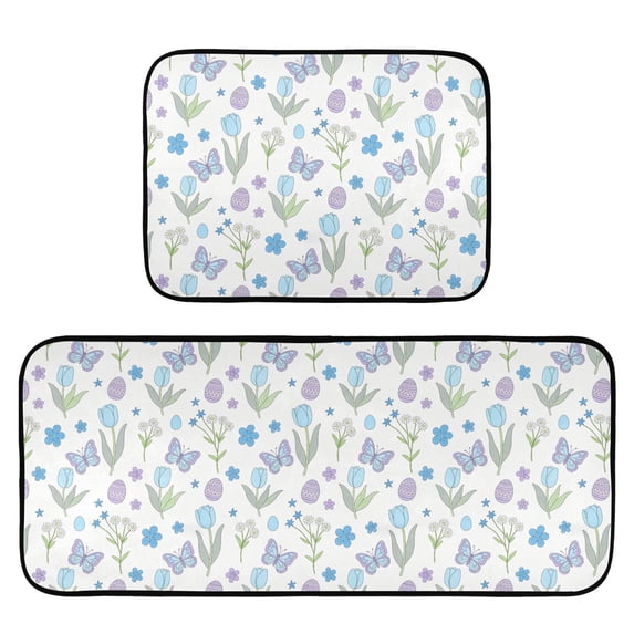 2-Piece Kitchen Mat Set Non Slip Washable Floor Mats Decorative Rugs for Kitchen Sink Laundry Spring Plants and Easter Egg
