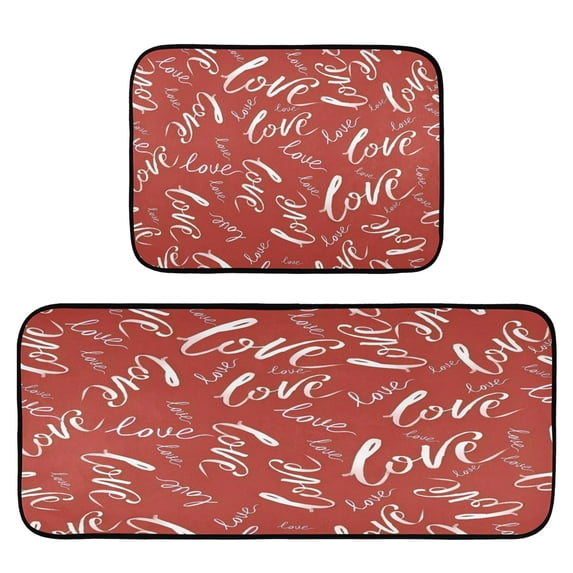 2-Piece Kitchen Mat Set Non Slip Washable Floor Mats Decorative Rugs for Kitchen Sink Laundry Text Love Pattern