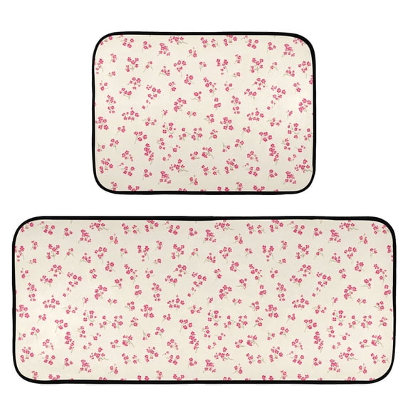 2-Piece Kitchen Mat Set Non Slip Washable Floor Mats Decorative Rugs for Kitchen Sink Laundry Tiny Red Floral Pattern
